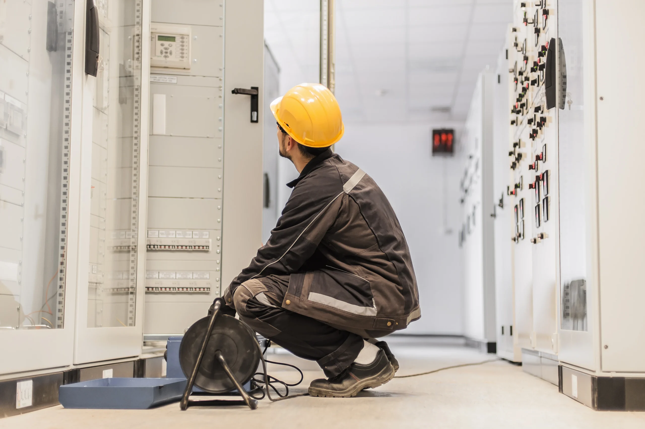 Commercial electrical distribution panels in a service room
